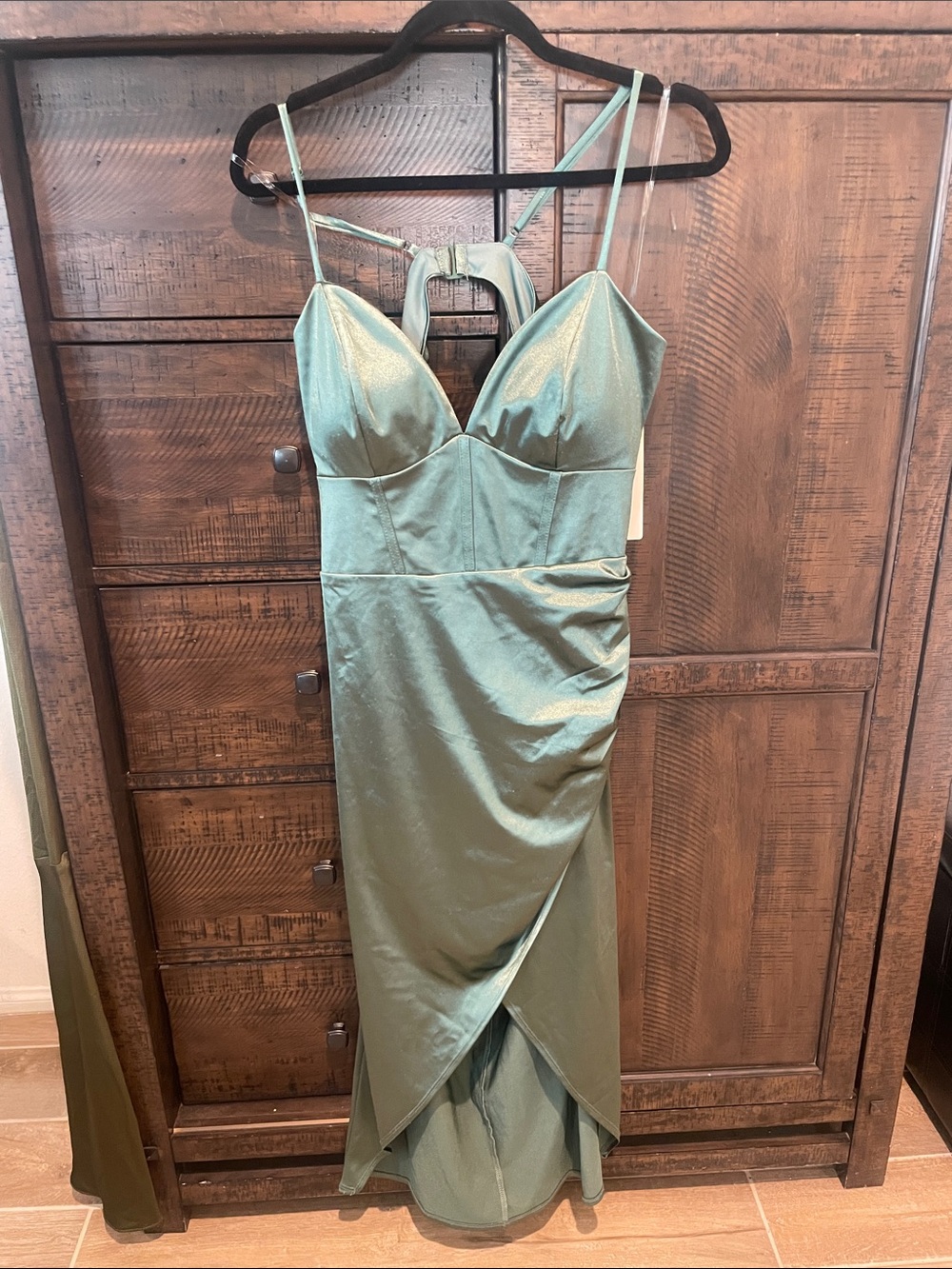 Satin High-Low Slip Dress in Sage Green
